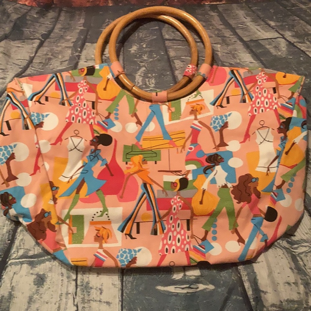 Neiman Marcus Vintage Women Pink Printed Tote With Wooden Handles - Picture 2 of 6